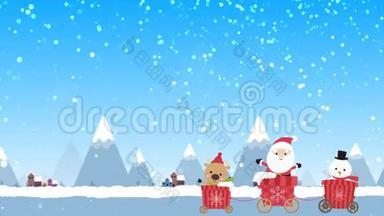 卡通动画角色圣诞圣诞老人驯鹿和雪人在车上移动通过冬季小镇和山与雪鹰
